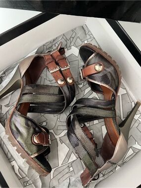 Miss Sixty Iridescent Black Strappy High Heel Sandals with Brown Accents